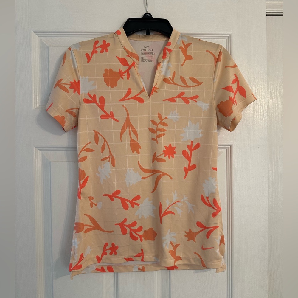 Nike Women's Short Sleeve Floral Top - Orange and Cream